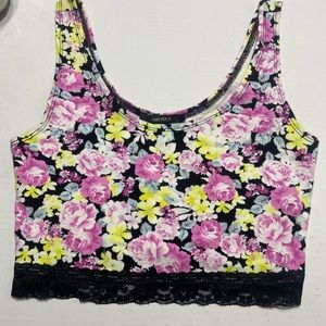 *FOREVER 21* Yellow/Pink/green Floral Crop Slim with black Lace Tank Top -Size S